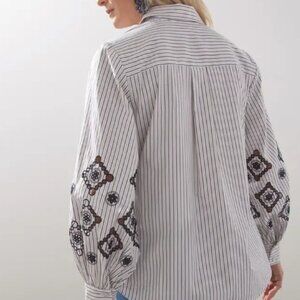 Chico's Chico’s Poplin Embroidered Stripe Button Down Shirt